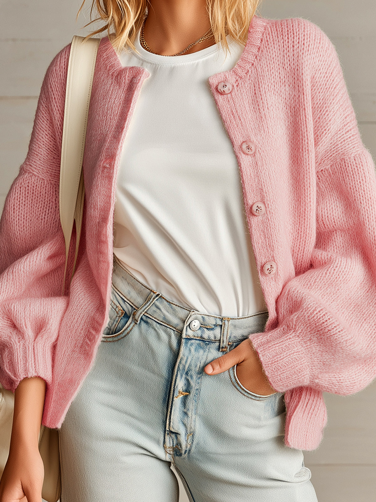 ElevenOra Chic Casual Pink Round Neck Long Lantern Sleeve Single-Breasted Loose-Fit Soft Knit Cardigan