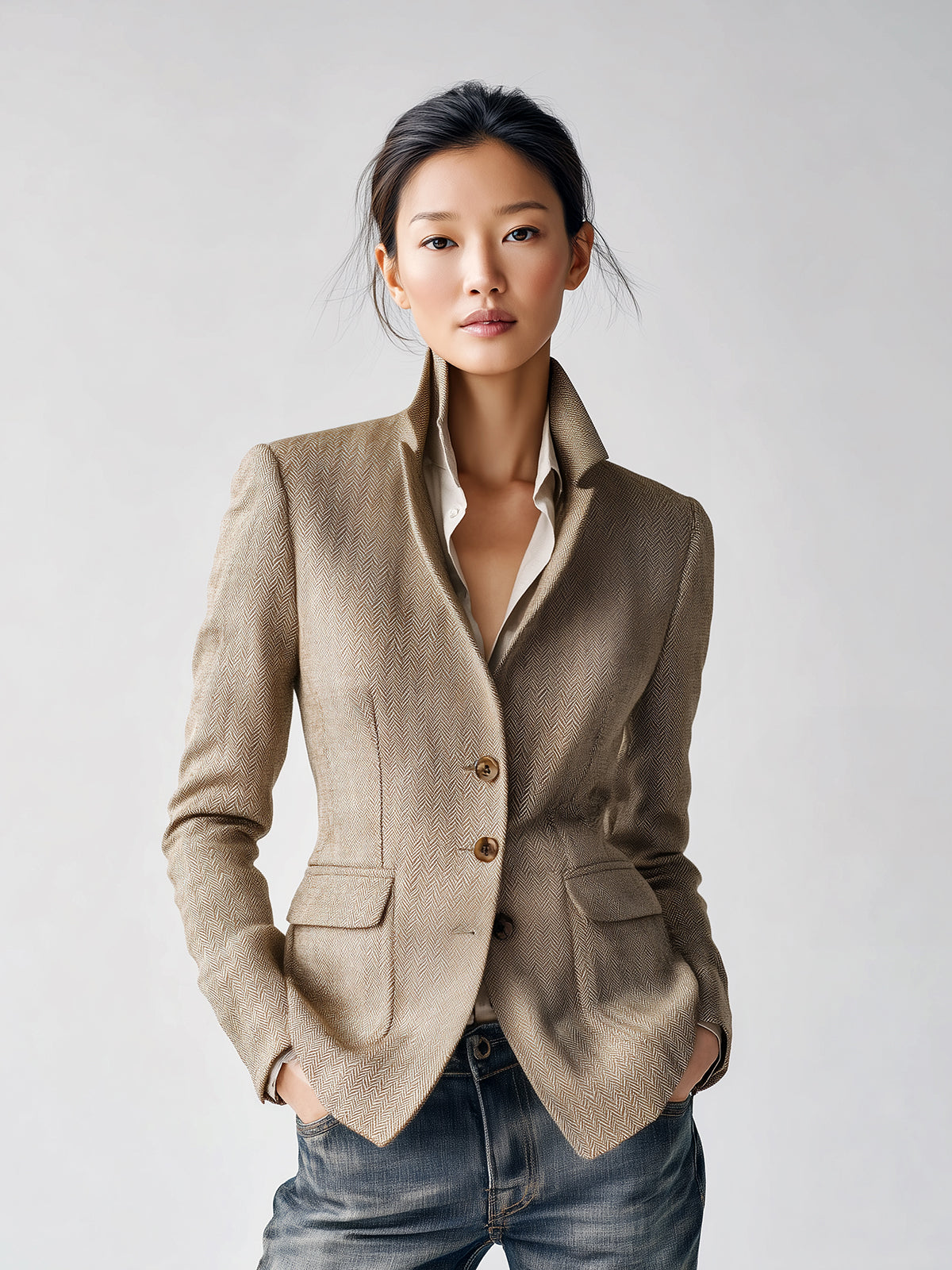 ElevenOra Chic Vintage Khaki Herringbone Wool Blend Slim-Fit Single-Breasted Flap Pocket Blazer