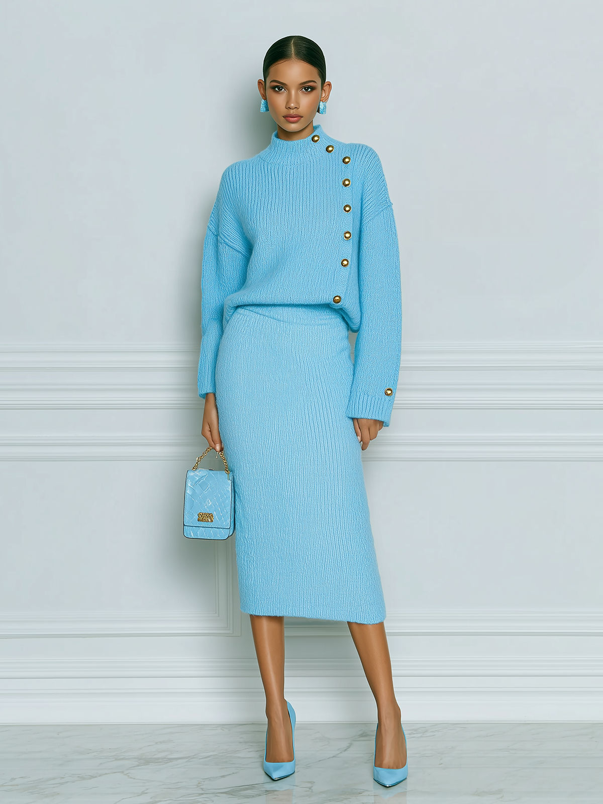 ElevenOra Chic Vintage Blue Mock Neck Button Long Sleeve Sweater And Bodyon Maxi Skirt Knit Two-Piece Set