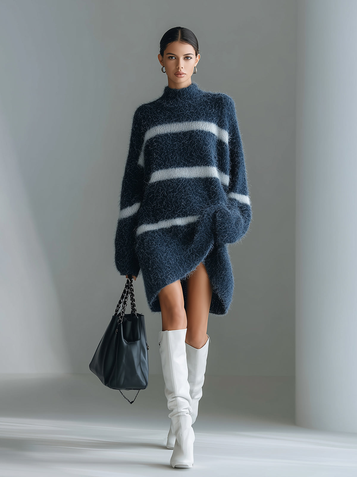 ElevenOra Chic Vintage Navy Stripe Half MockNeck Long Sleeve Oversized Knit Mini Dress