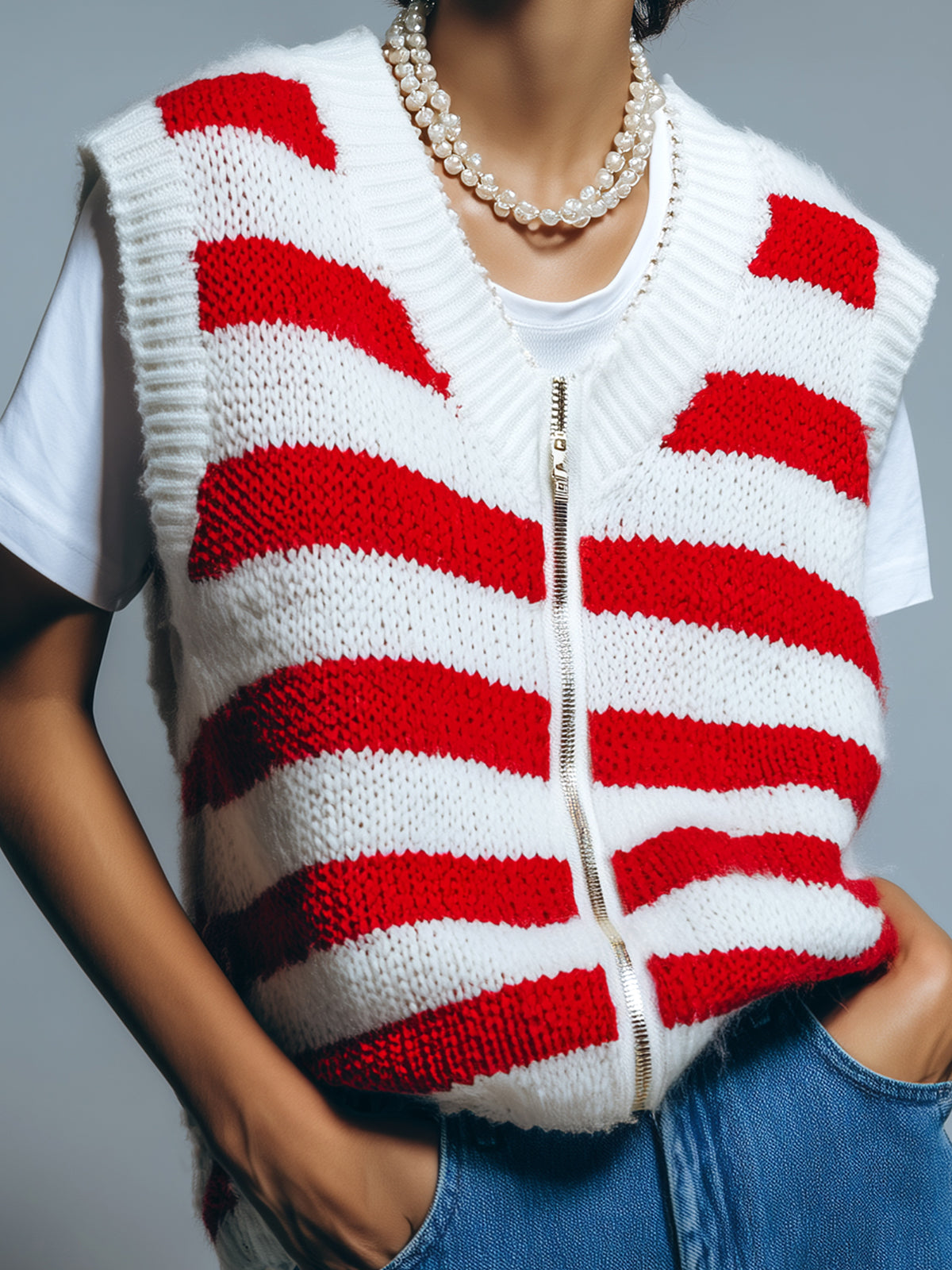 ElevenOra Chic Casual Red White Stripes V-Neck Zipper-Front Oversize Knit Vest