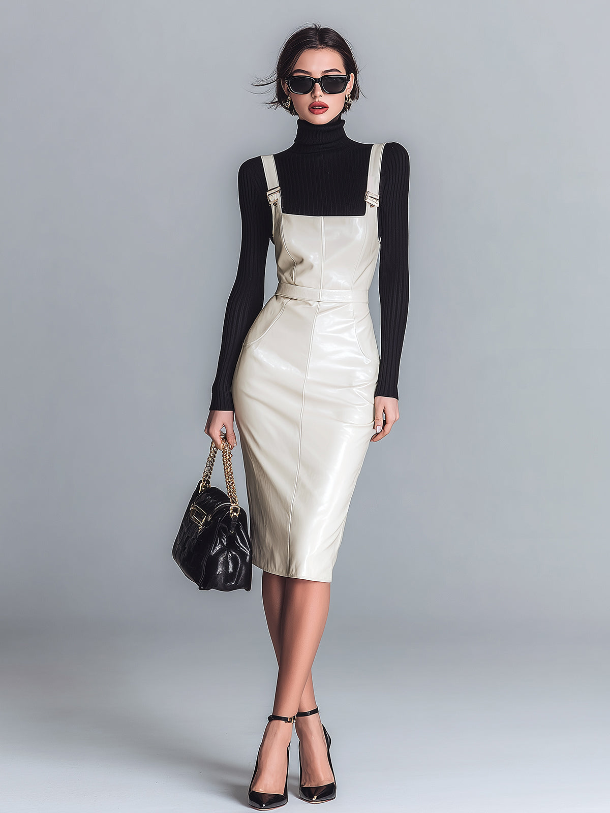 ElevenOra Chic Elegant Cream White Faux Leather Patchwork Slim-Fit Pinafore Midi Dress