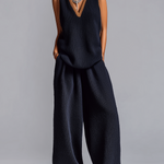 ElevenOra Fashionable Elegant Navy Blue Colorblock V-neck Sleeveless Loose-Fit Vest Wide-Leg Pants Knit Two-Piece Set