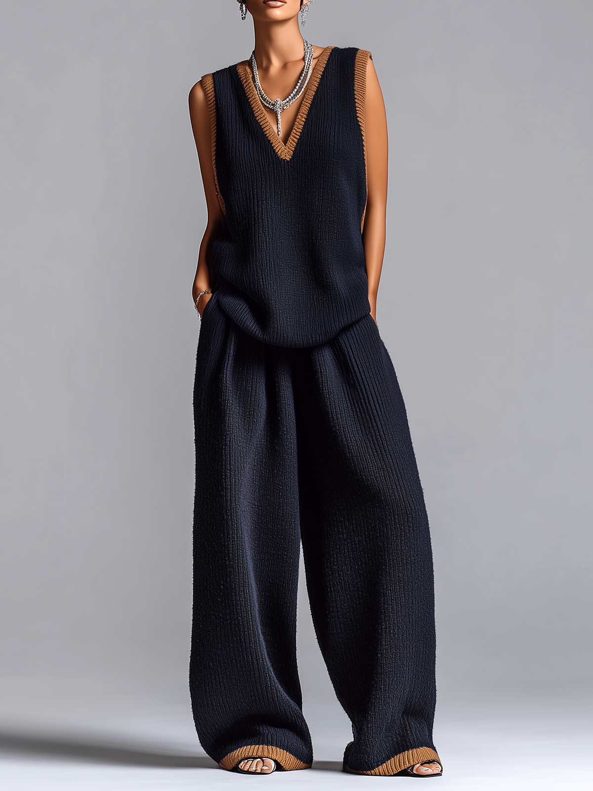 ElevenOra Fashionable Elegant Navy Blue Colorblock V-neck Sleeveless Loose-Fit Vest Wide-Leg Pants Knit Two-Piece Set