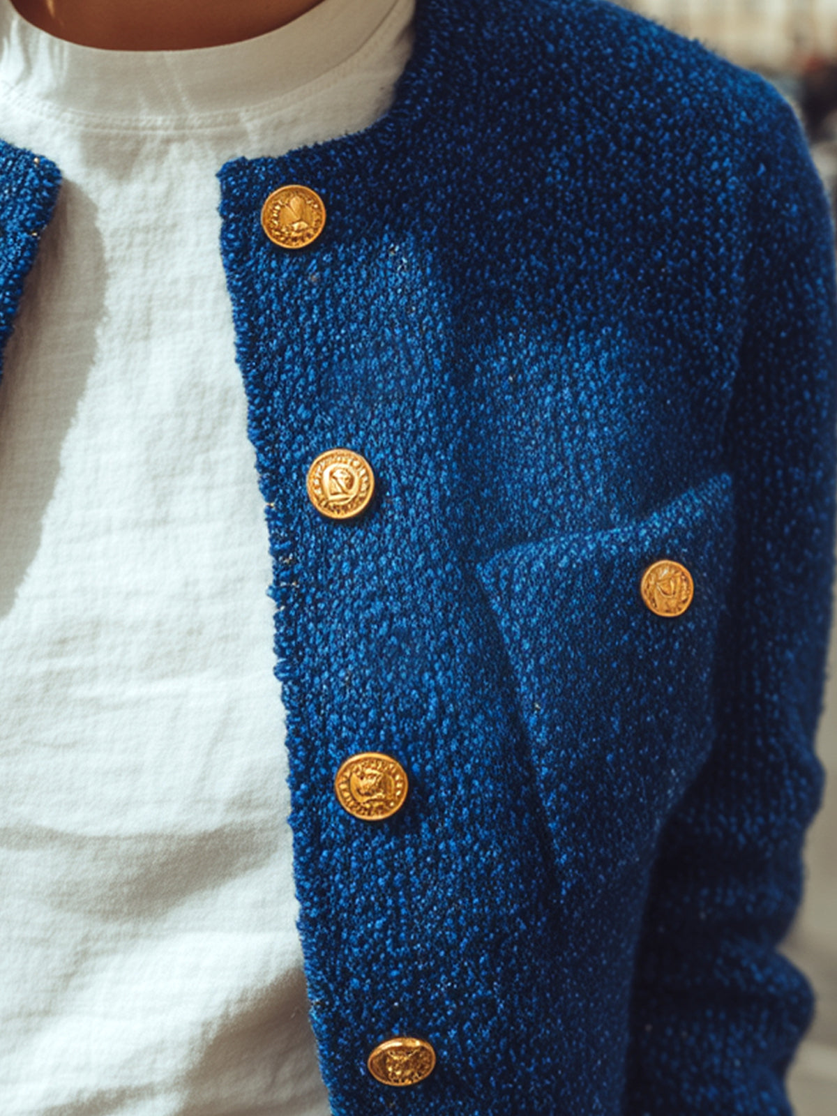 ElevenOra Chic Elegant Royal Blue Gold Button Patch Pocket Cropped Knit Cardigan