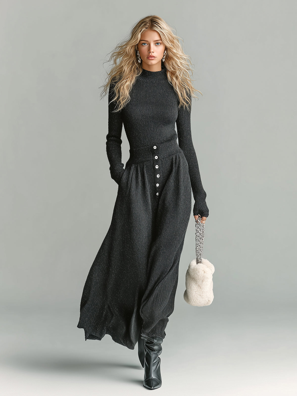 ElevenOra Chic Elegant Dark Gray Mock Neck Long Sleeve Slim Fit Ribbed Sweater Button Detailed Maxi Skirt Knit Two-Piece Set