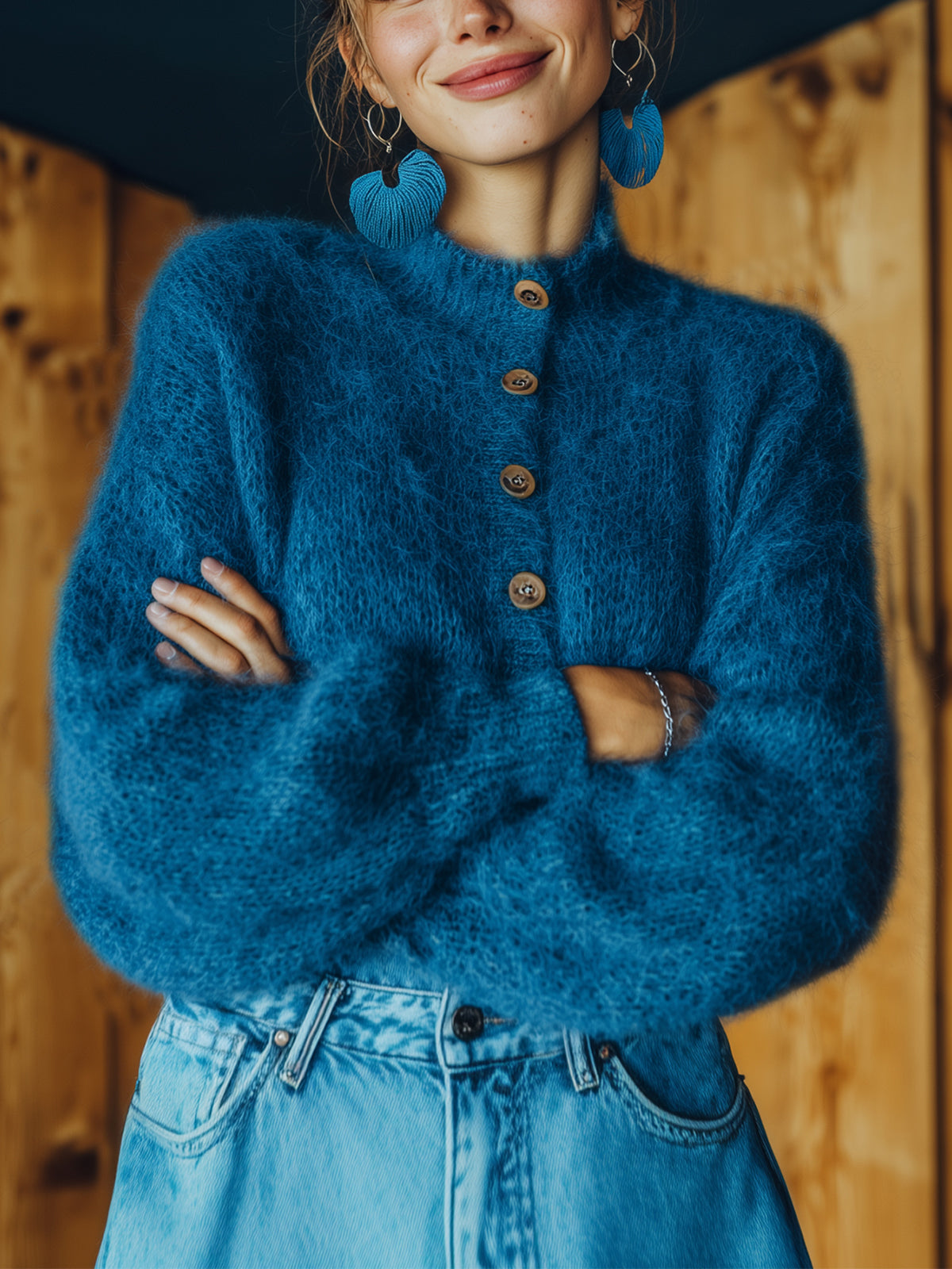 ElevenOra Chic Vintage Royal Blue Stand Collar Single-breasted Lantern Sleeve Slim Fit Fuzzy Knit Cardigan