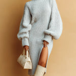 ElevenOra Chic Elegant Light Gray Round Neck Long Lantern Sleeve Loose Slit Ribbed Knit Midi Dress