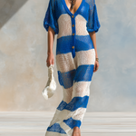 ElevenOra Chic Elegant Blue-White Striped V-Neck Button-Front Short-Sleeve Loose-Fit Mesh Knit Maxi Dress