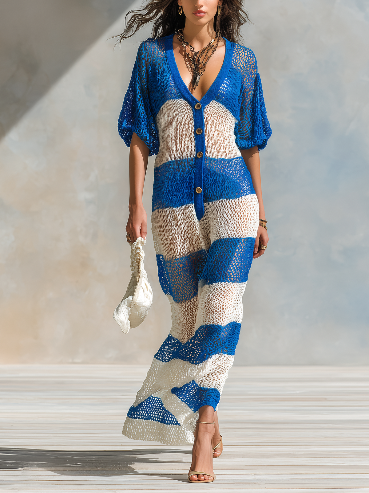 ElevenOra Chic Elegant Blue-White Striped V-Neck Button-Front Short-Sleeve Loose-Fit Mesh Knit Maxi Dress