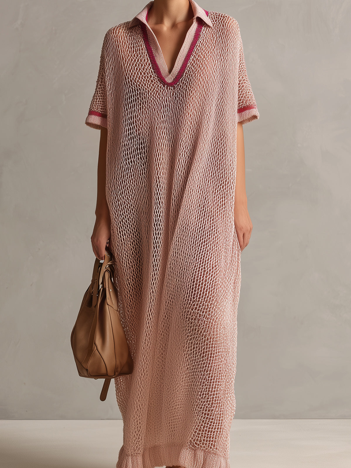 ElevenOra Chic Elegant Pink Lapel V-Neck Short-Sleeve Contrast Trim Detail Hollow Out Oversize Knit Maxi Dress
