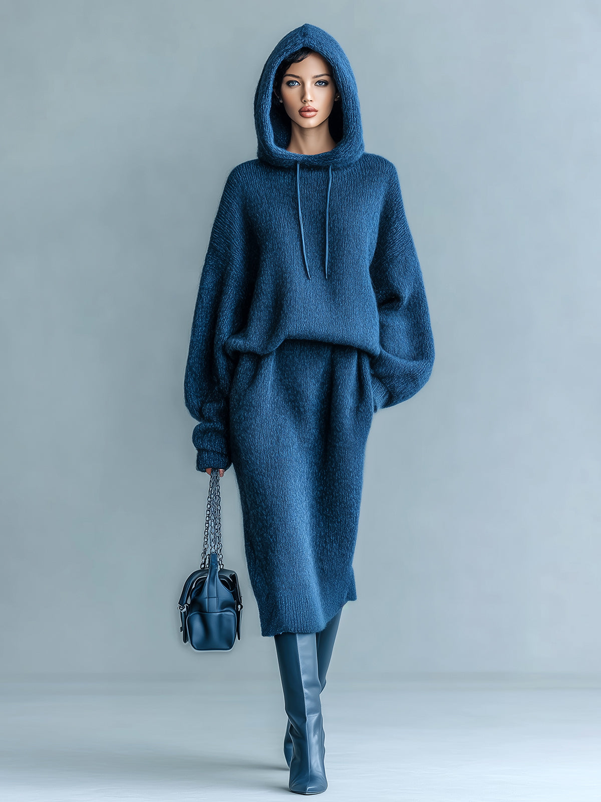 ElevenOra Chic Cozy Dark Blue Oversized Long Sleeve Hooded Sweater Elastic Waist Midi Skirt Knit Two-Piece Set