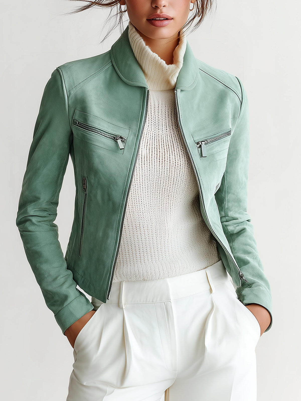 ElevenOra Chic Vintage Mint Green Faux Suede Peter-Pan-Collar Zipper Utility-Pocket Cropped Biker Jacket