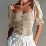 ElevenOra Chic Elegant Camel-White Stripes Square Neck Half-Sleeve Button-Front Slim-Fit Knit Sweater Top