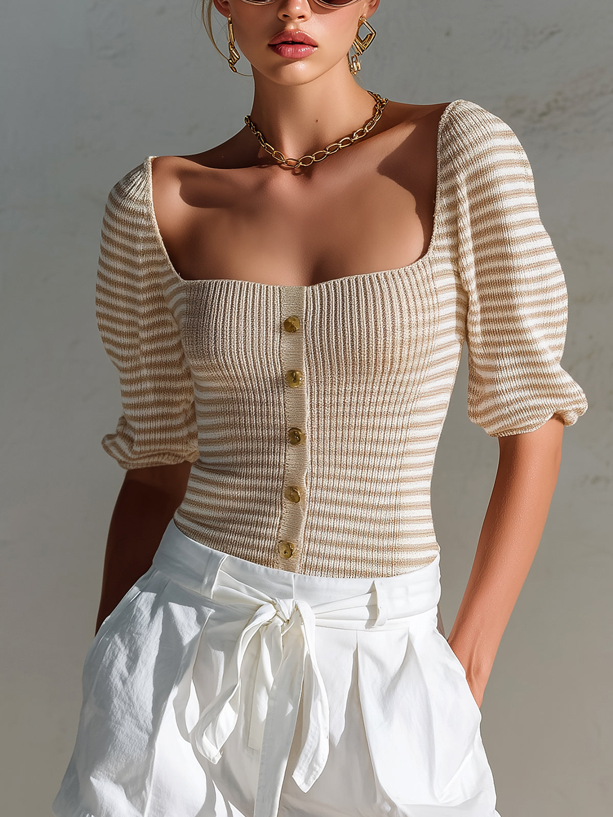 ElevenOra Chic Elegant Camel-White Stripes Square Neck Half-Sleeve Button-Front Slim-Fit Knit Sweater Top