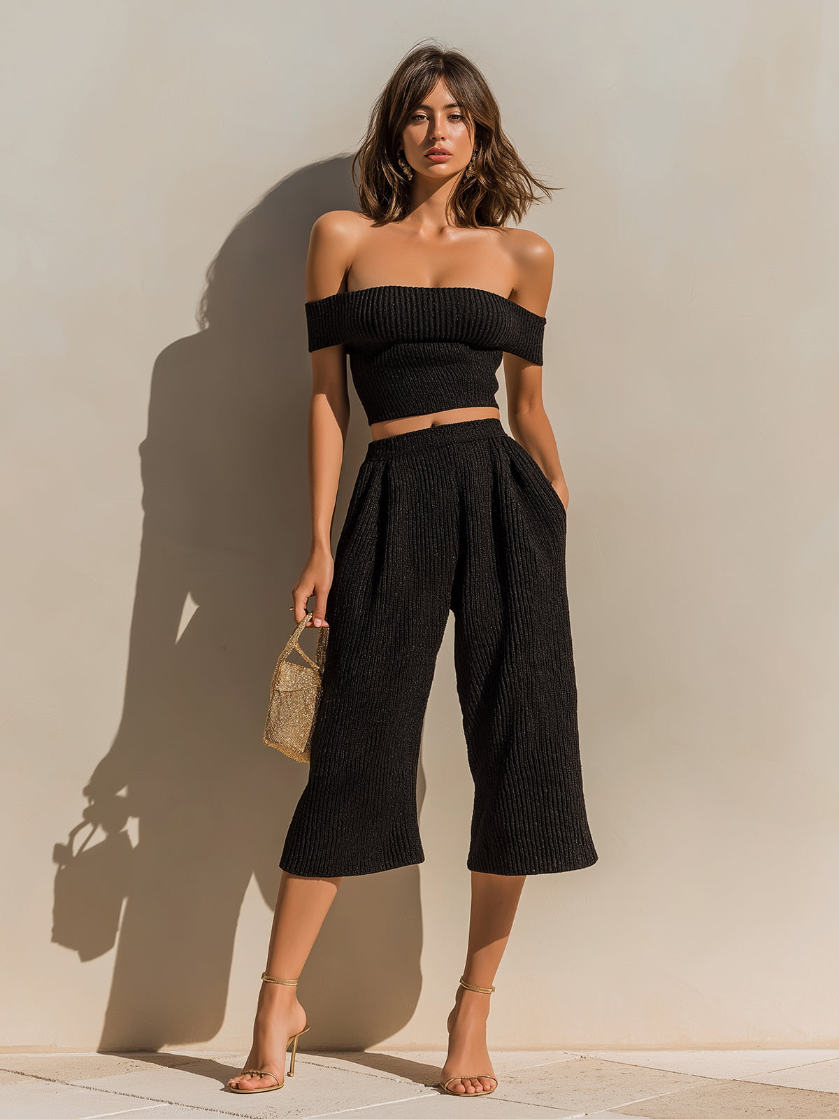 ElevenOra Chic Elegant Black Off-The-Shoulder Slim-Fit Cropped Top Wide-Leg Cropped Pants Ribbed Knit Two-Piece Set