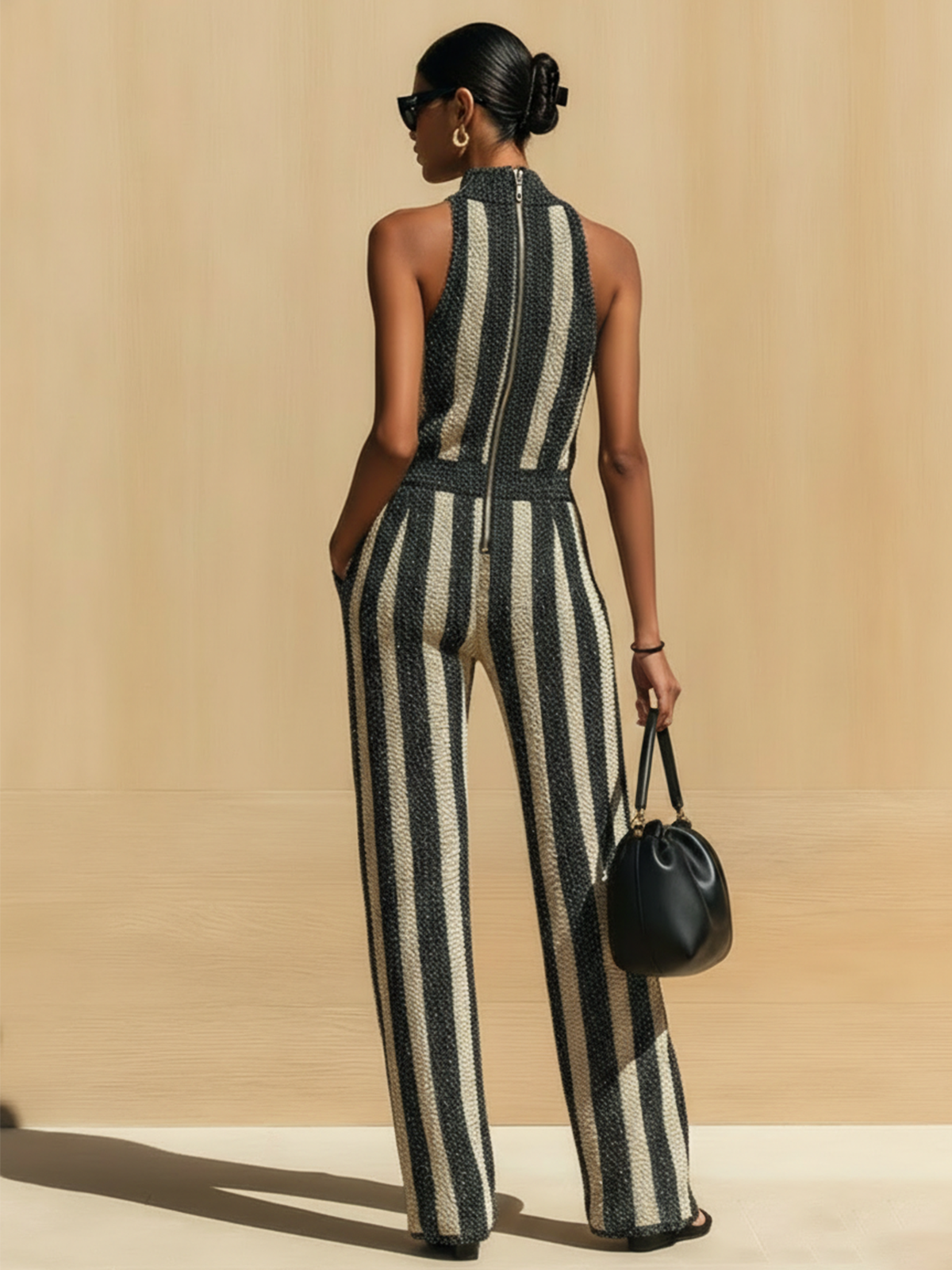 ElevenOra Chic Elegant Black-Beige Striped Mock-Neck Sleeveless Slim Fit Wide-Leg Ribbed Knit Jumpsuit