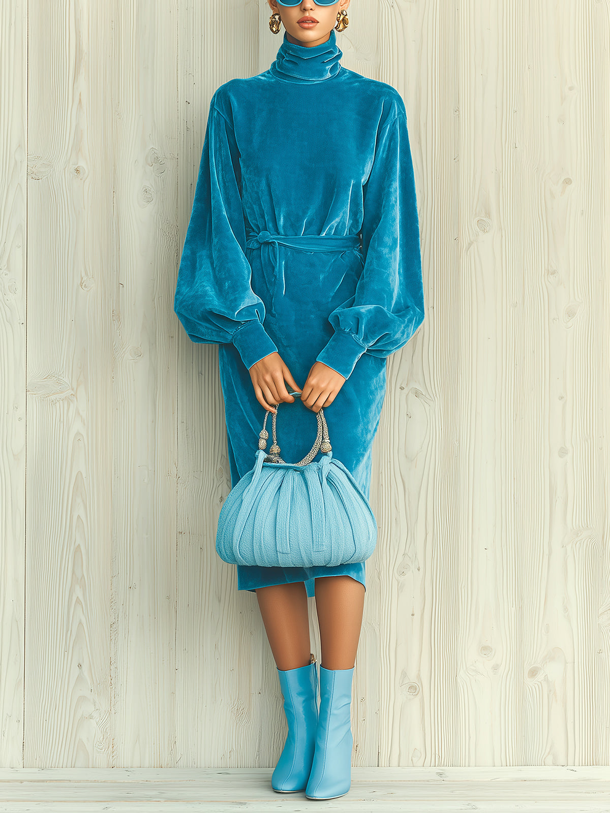 ElevenOra Chic Vintage Blue Velvet Turtleneck Puff Sleeves Belted Loose Midi Dress