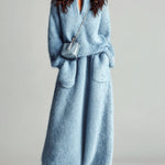 ElevenOra Chic Elegant Blue Stand Collar V Neck Long Sleeve Loose Sweater Patch Pocket Maxi Skirt Fuzzy Knit Two-Piece Set