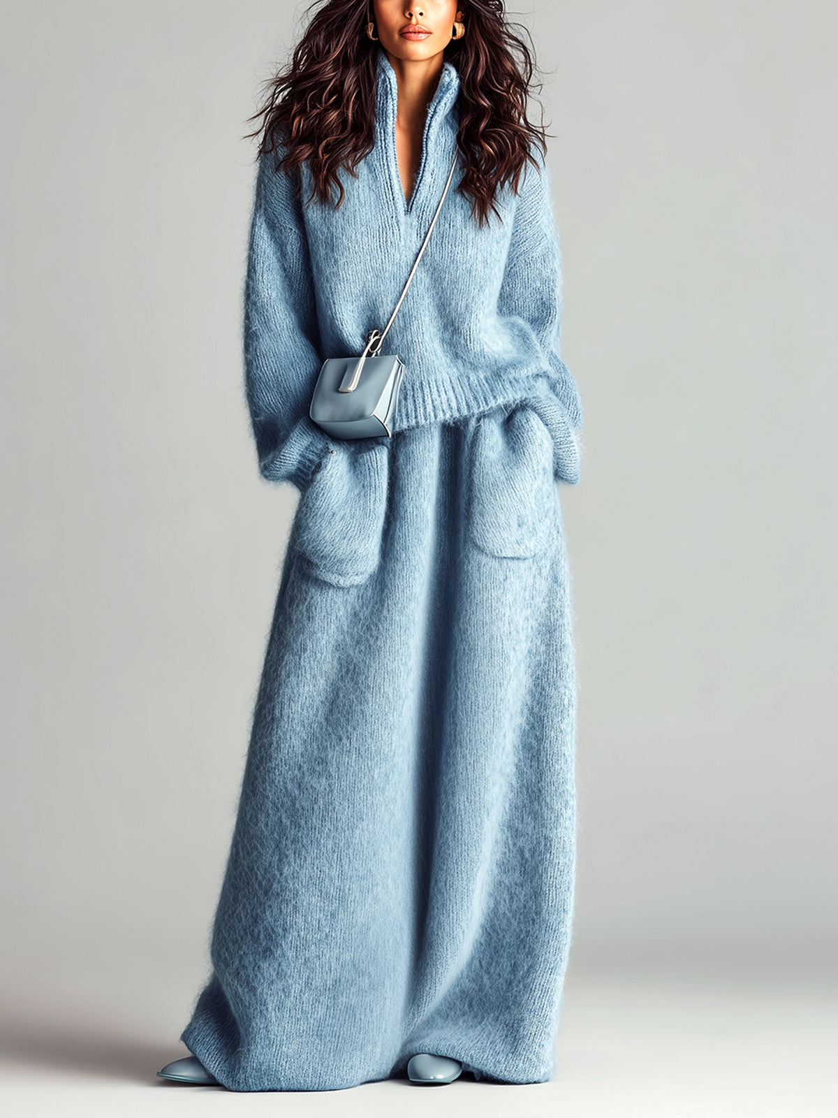 ElevenOra Chic Elegant Blue Stand Collar V Neck Long Sleeve Loose Sweater Patch Pocket Maxi Skirt Fuzzy Knit Two-Piece Set