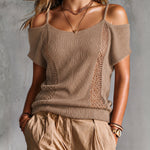 ElevenOra Chic Elegant Camel Spaghetti Straps Cold-Shoulder Short-Sleeve Hollow-Out Mesh Knit Sweater Top