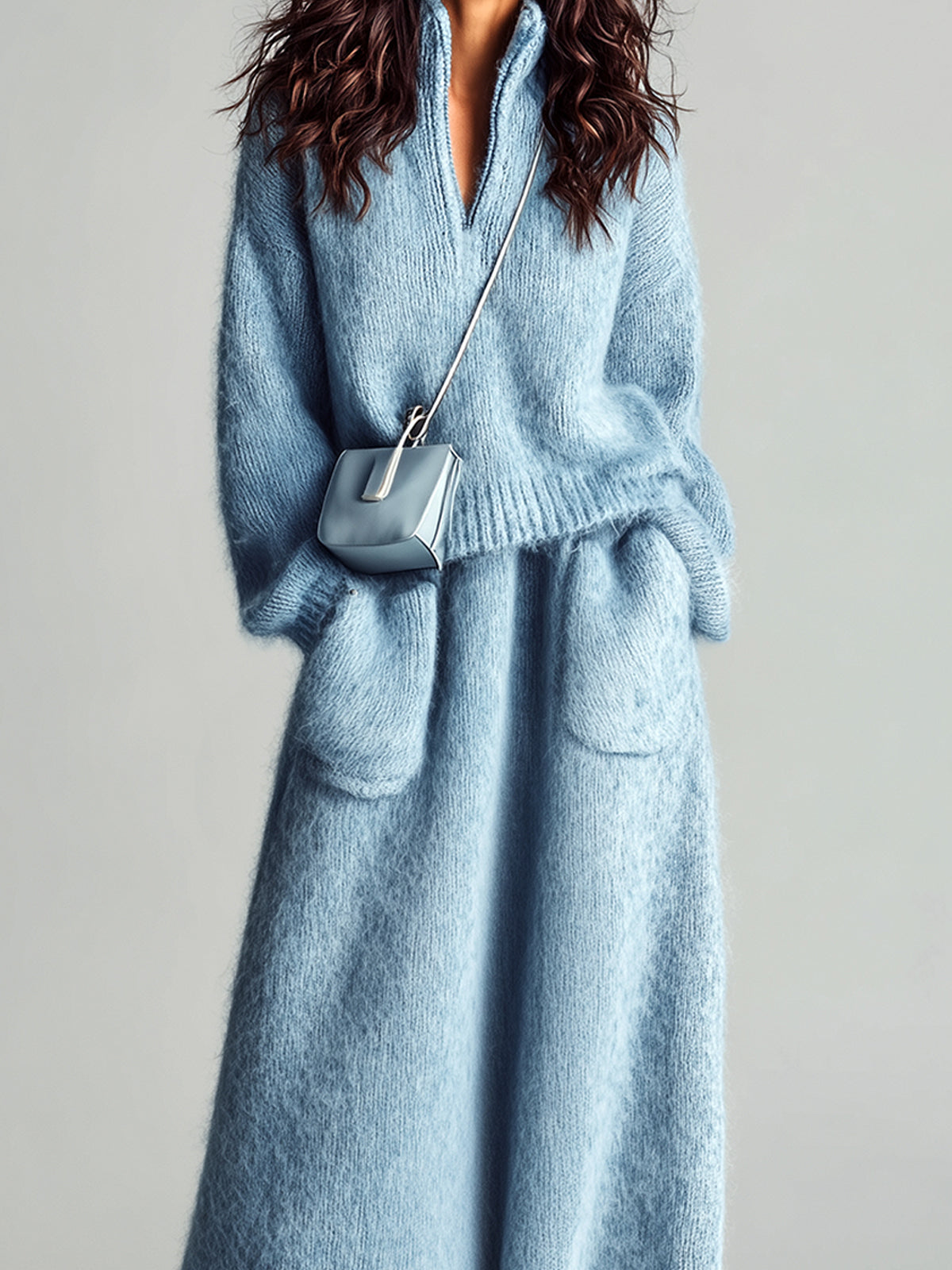 ElevenOra Chic Elegant Blue Stand Collar V Neck Long Sleeve Loose Sweater Patch Pocket Maxi Skirt Fuzzy Knit Two-Piece Set