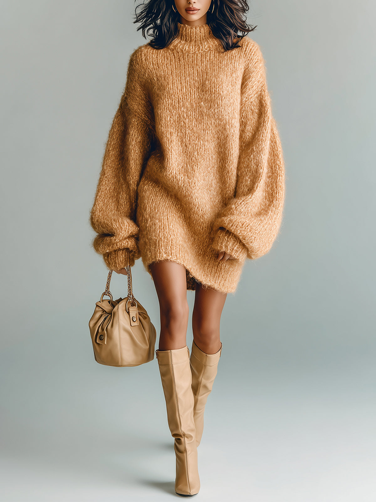 ElevenOra Chic Casual Camel Mock Neck Long Sleeve Oversized Fuzzy Knit Mini Dress