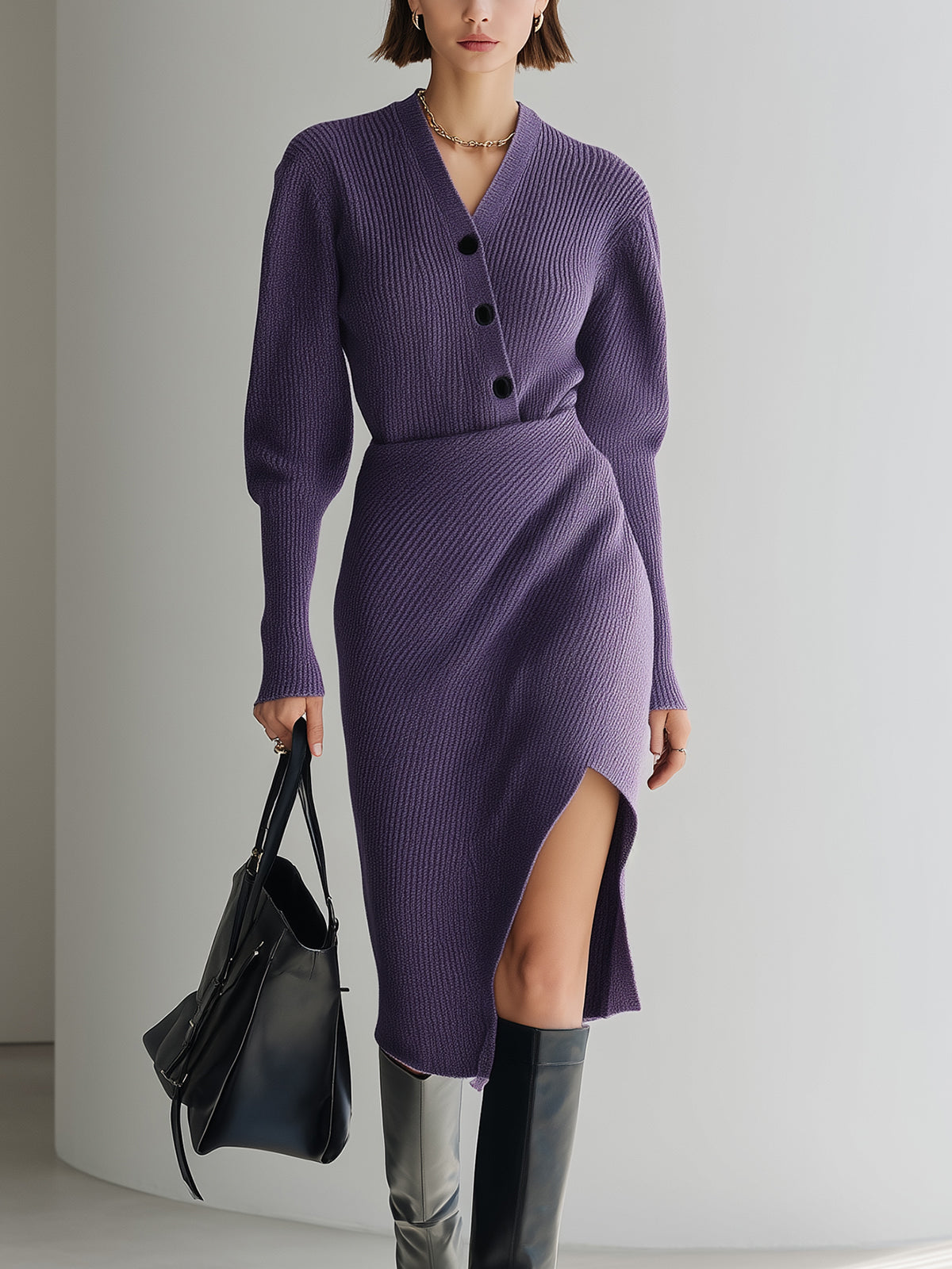 ElevenOra Chic Vintage Purple V-Neck Button-Front Long Sleeve Cardigan Top Bodycon Side Slit Midi Skirt Knit Two-Piece Set