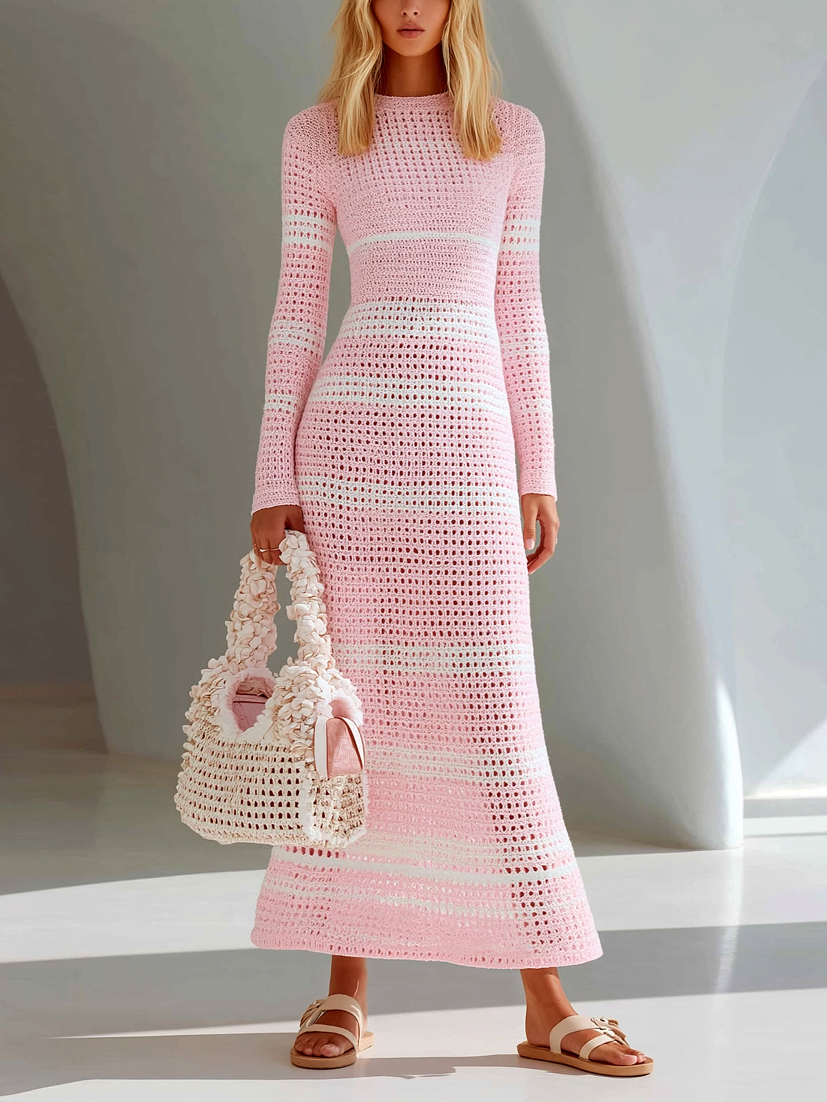 ElevenOra Chic Elegant Pink-White Stripes Round-Neck Long-Sleeve Tailored Waist A-Line Mesh Knit Holiday Maxi Dress
