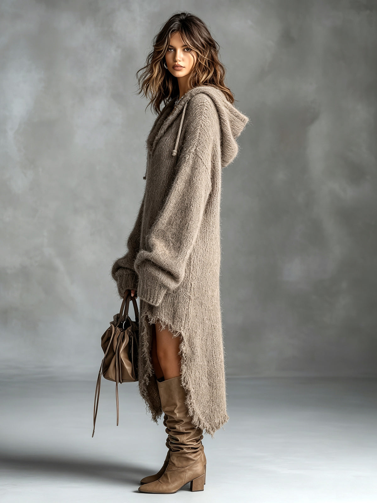 ElevenOra Chic Elegant Brown Hooded-Collar Dropped Shoulder Long-Sleeve Asymmetrical Hem Raw Edge Detail Oversize Fuzzy Knit Midi Dress