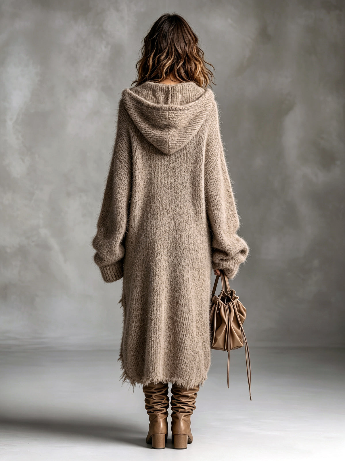 ElevenOra Chic Elegant Brown Hooded-Collar Dropped Shoulder Long-Sleeve Asymmetrical Hem Raw Edge Detail Oversize Fuzzy Knit Midi Dress