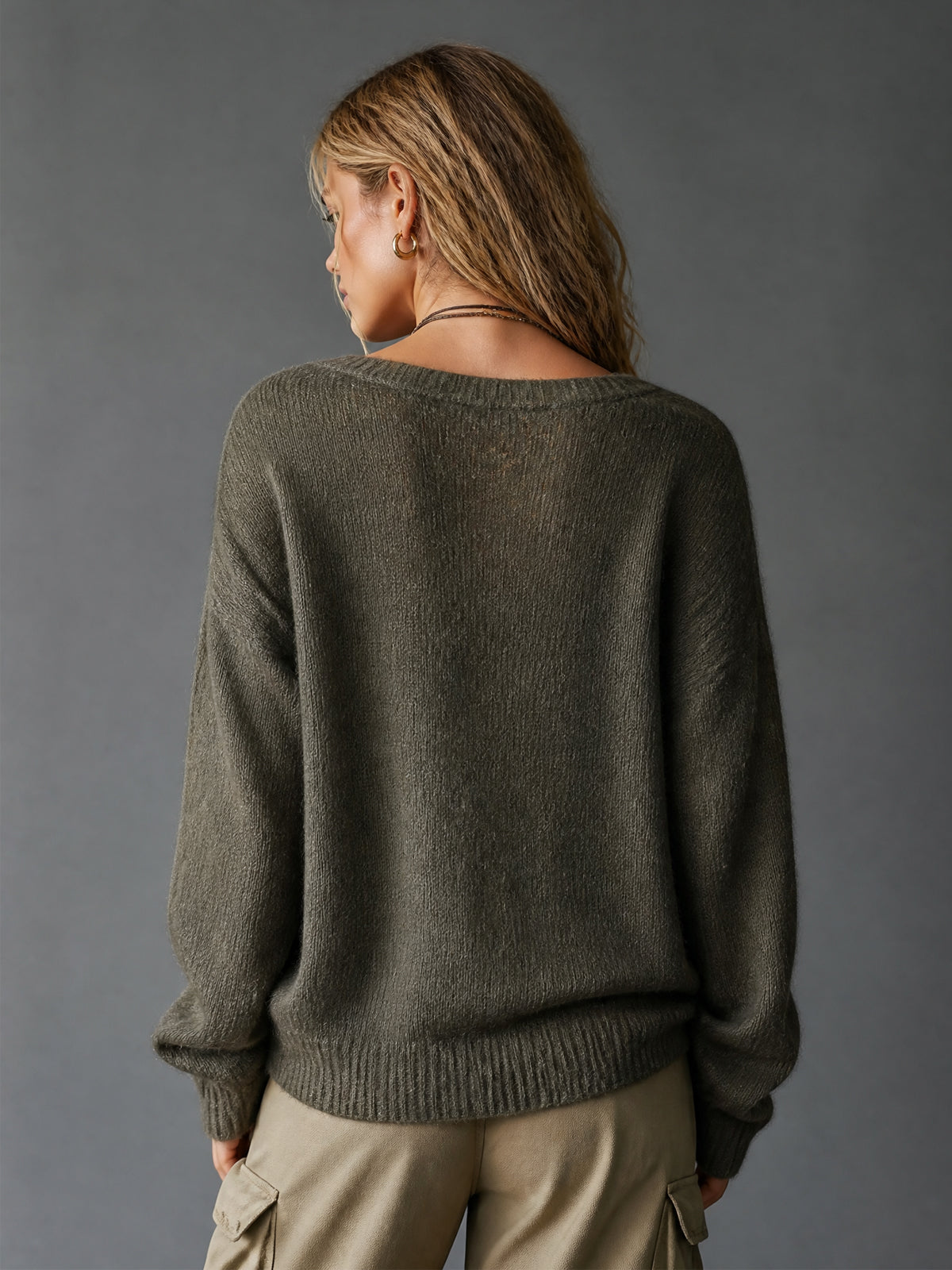 ElevenOra Chic Casual Army-Green V-Neck Decorative Buttons Dropped Shoulder Long-Sleeve Star Jacquard Loose-Fit Soft Knit Sweater