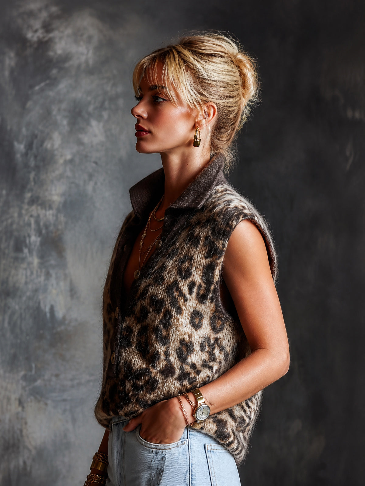 ElevenOra Chic Elegant Coffee-Camel Colorblock Leopard Jacquard Button-Up Lapel Collar Sleeveless Loose-Fit Knit Vest Top