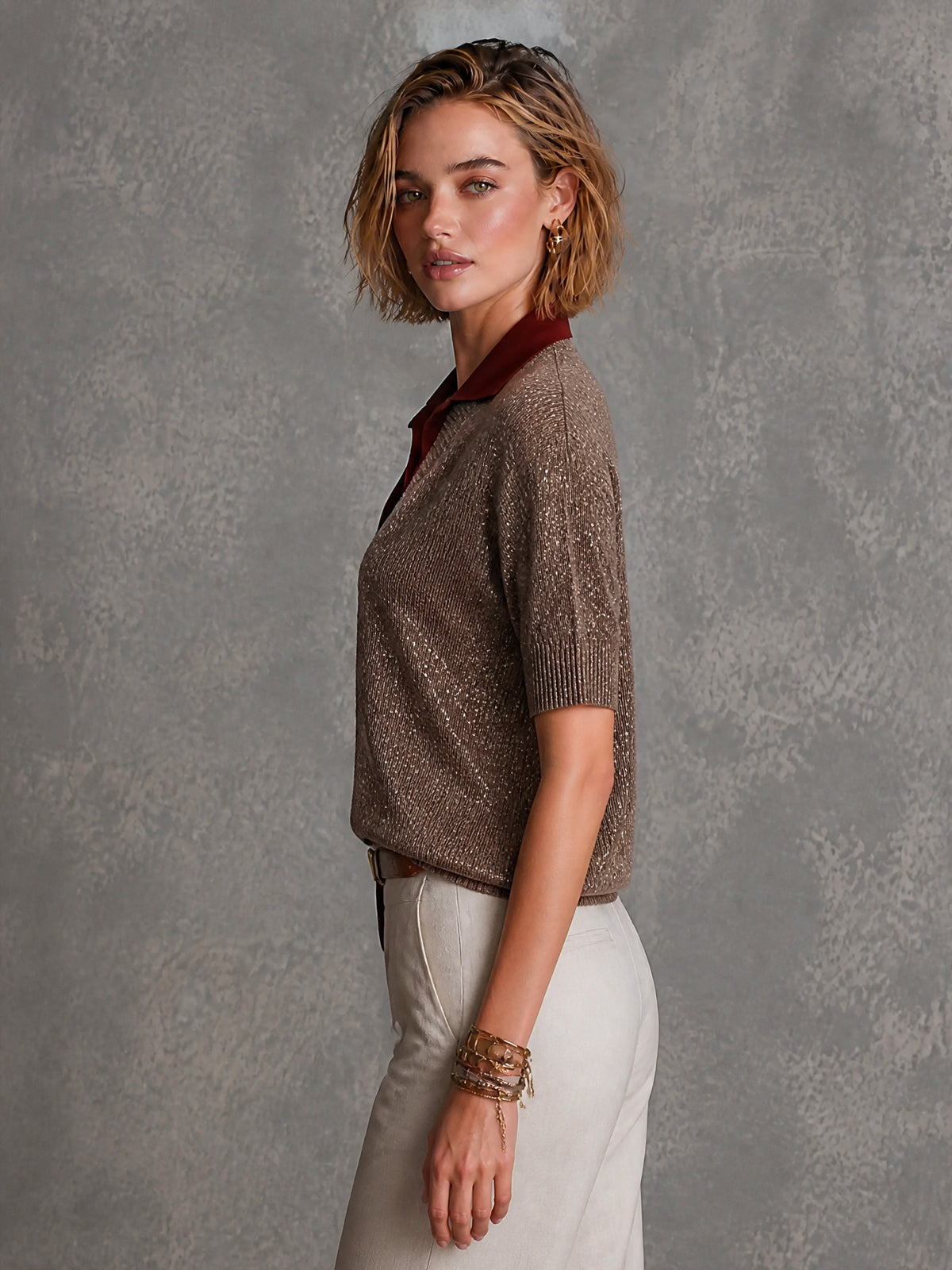 ElevenOra Chic Brown V-Neck Half Sleeve Loose-Fit Knit Sweater Top Shirt Excluded