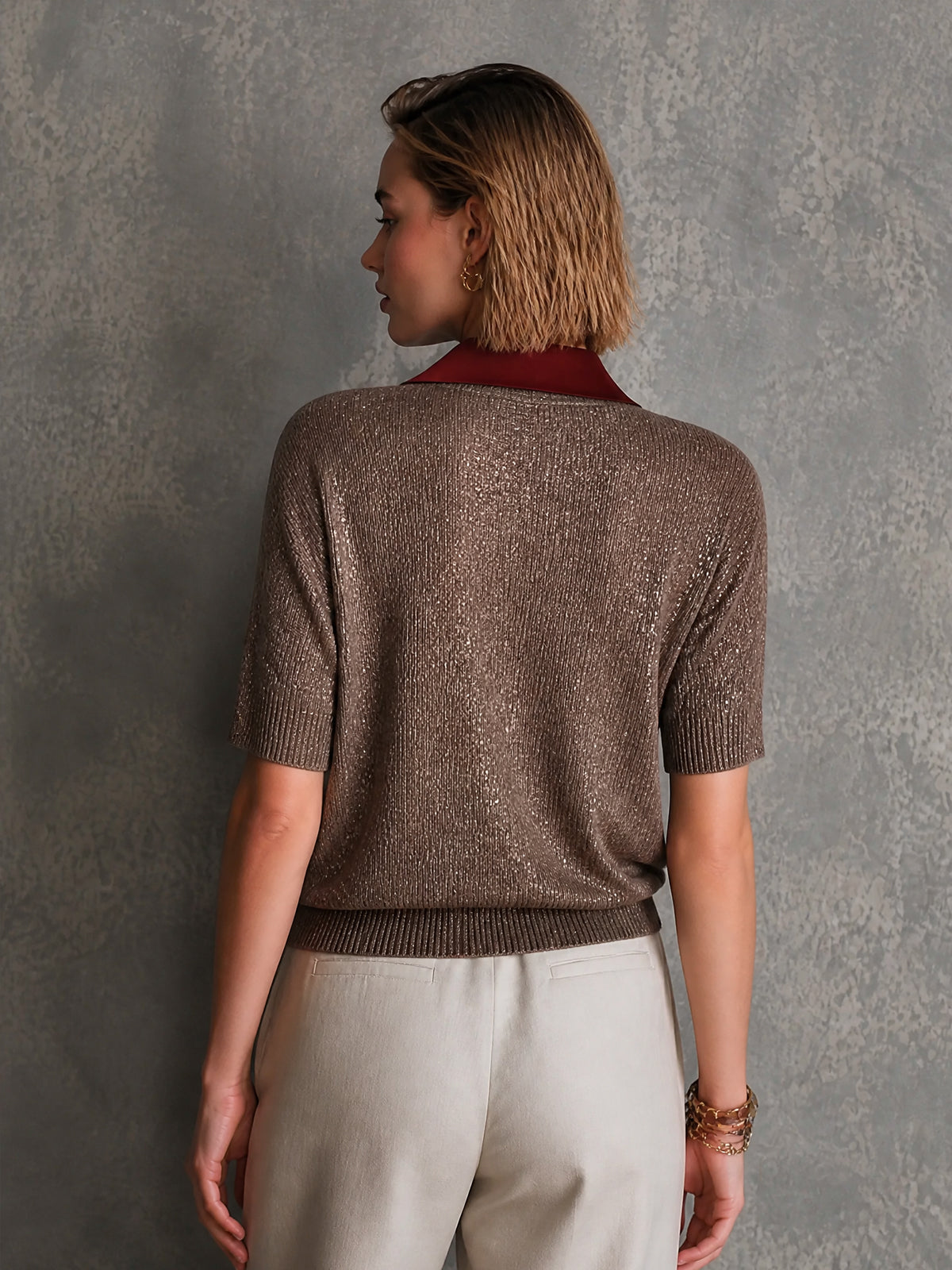ElevenOra Chic Brown V-Neck Half Sleeve Loose-Fit Knit Sweater Top Shirt Excluded
