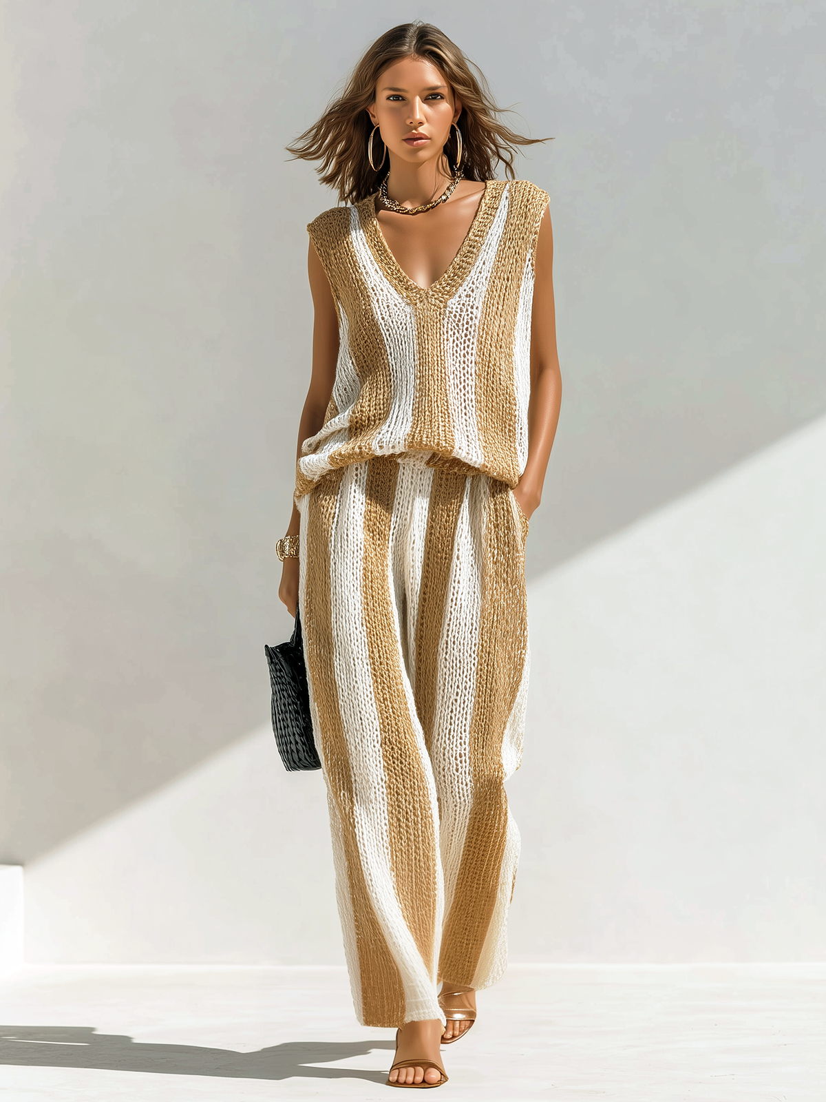 ElevenOra Chic Elegant White-Camel Striped V-Neck Sleeveless Loose Vest Wide-Leg Pants Knit Two-Piece Set