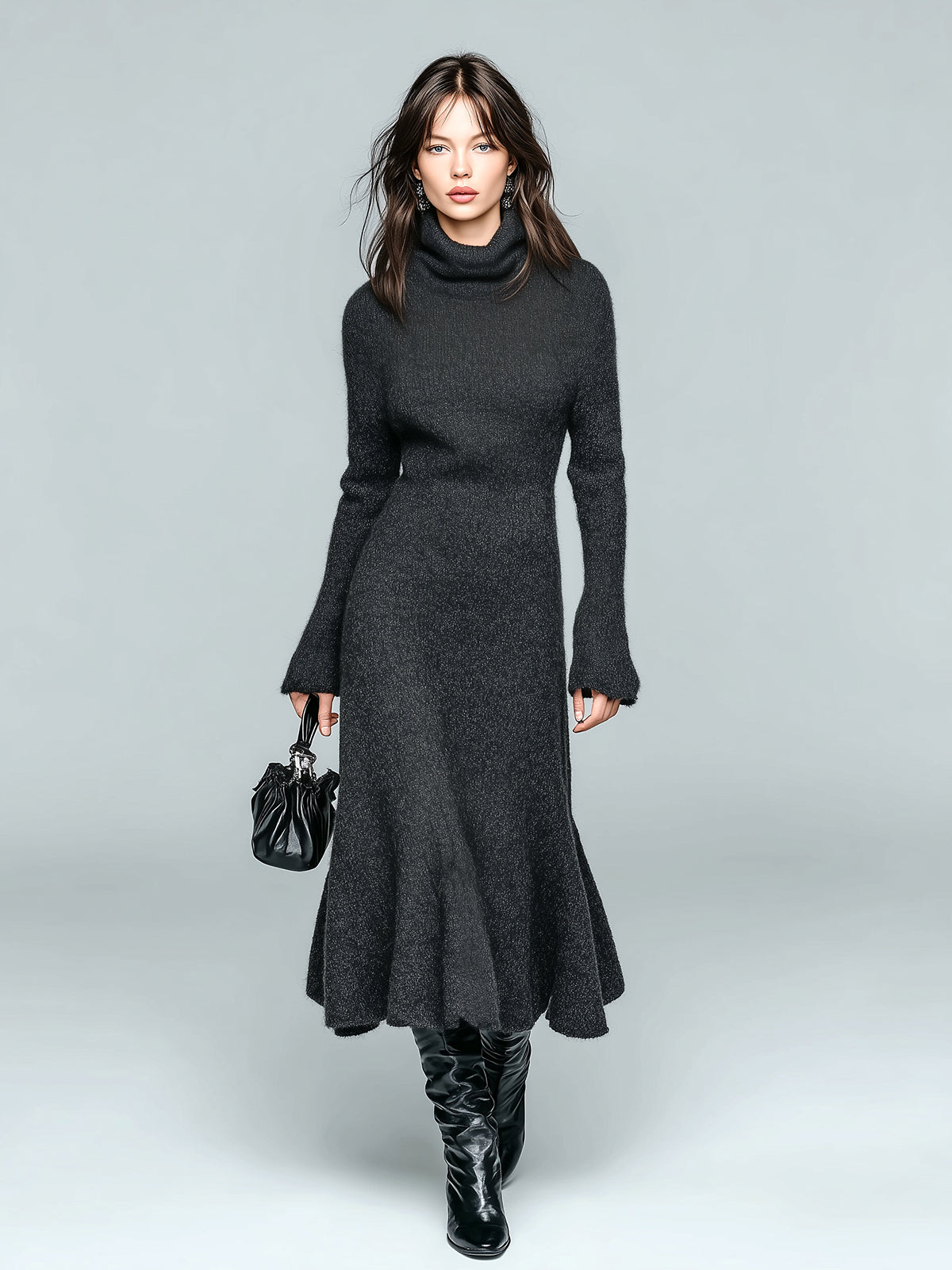 ElevenOra Chic Elegant Dark Gray Cowl Neck Long Sleeve Slim Fit Flared Hem Knit Maxi Dress