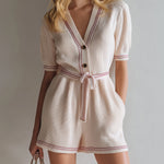 ElevenOra Chic Casual Beige V-Neck Button Front Short Sleeve Contrast Trim Detail Tie Waist Knit Romper