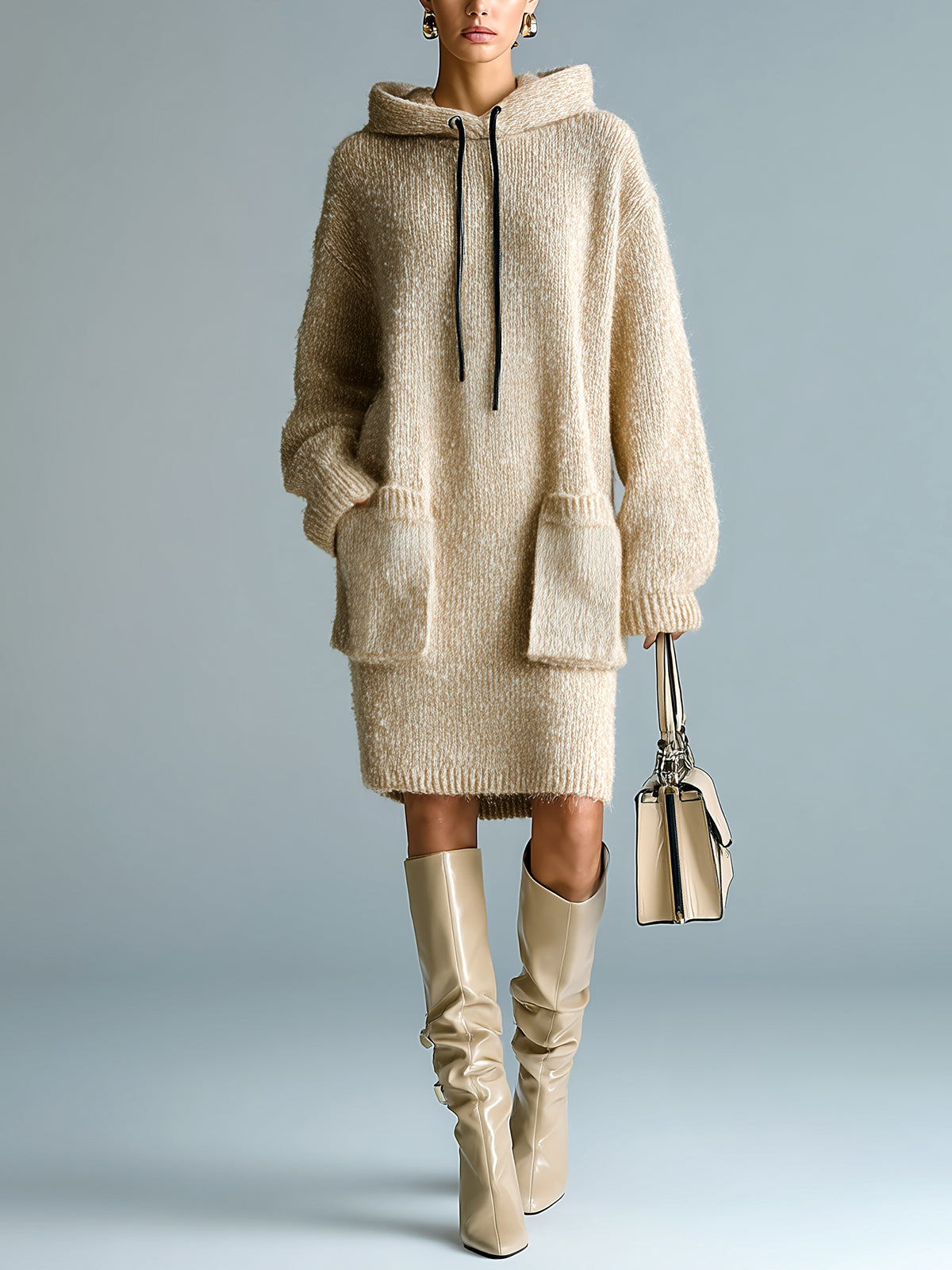 ElevenOra Chic Casual Light Khaki Oversized Long Sleeve Patch Pockets Knit Hooded Midi Dress