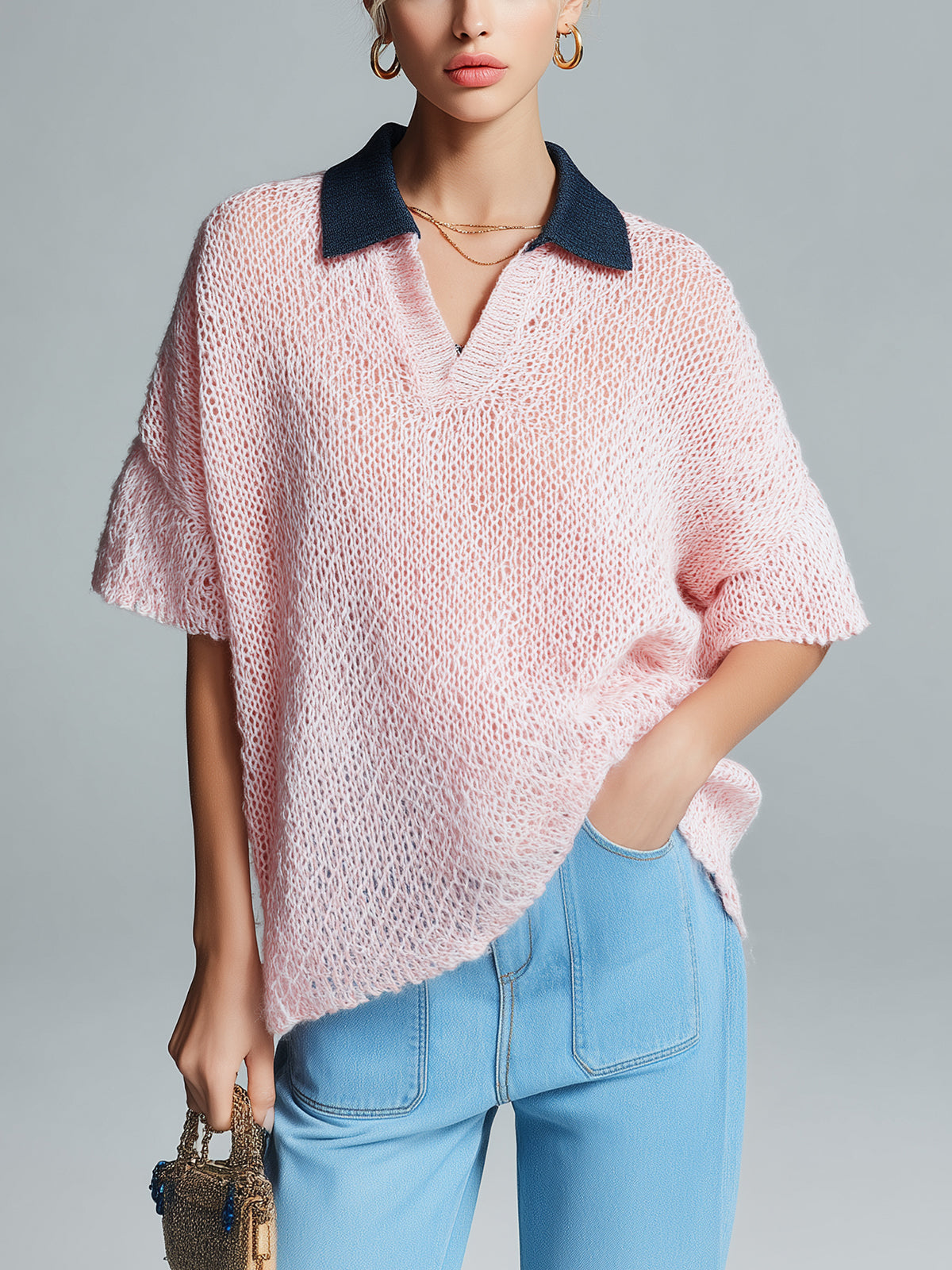ElevenOra Chic Casual Pink Colorblock Lapel Collar Button-Up Short-Sleeve Loose-Fit Knit Sweater