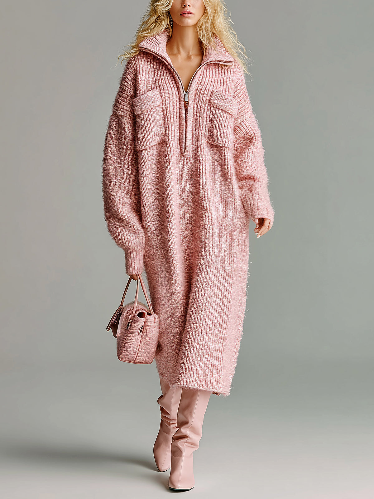 ElevenOra Chic Vintage Pink Cotton Blend Lapel Zipper-Front Long Sleeve Chest Pocket Oversized Ribbed Knit Maxi Dress