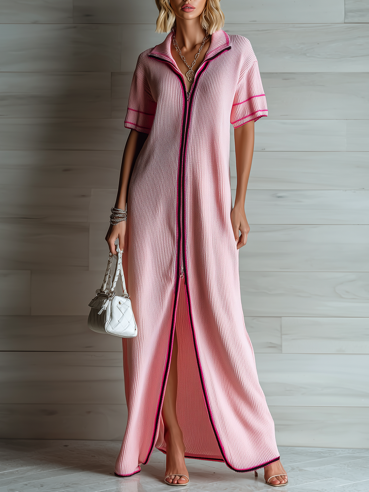 ElevenOra Stylish Elegant Pink Colorblock Lapel Collar Zip-Front Short-Sleeve Loose-Fit Ribbed Knit Maxi Dress