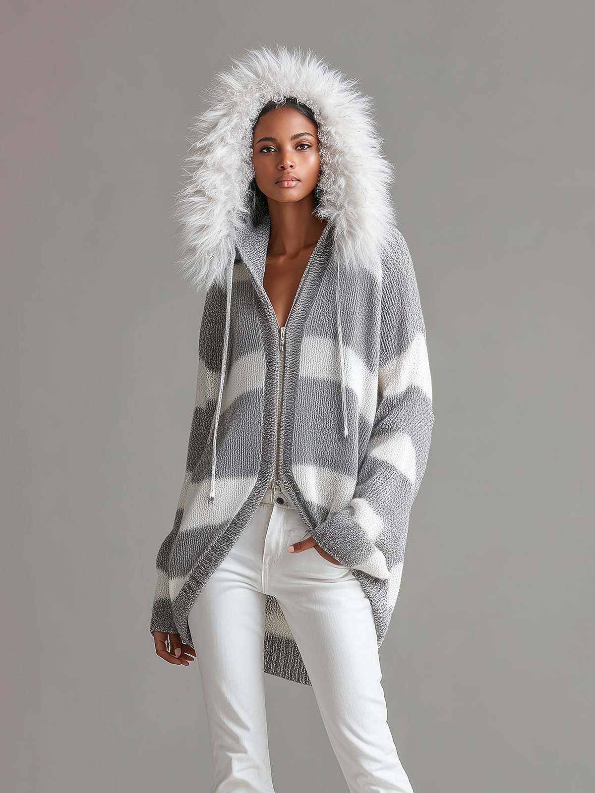 ElevenOra Chic Casual Gray And White Striped Hooded Fur Collar Zipper-Placket Long Sleeve Loose Knit Cardigan