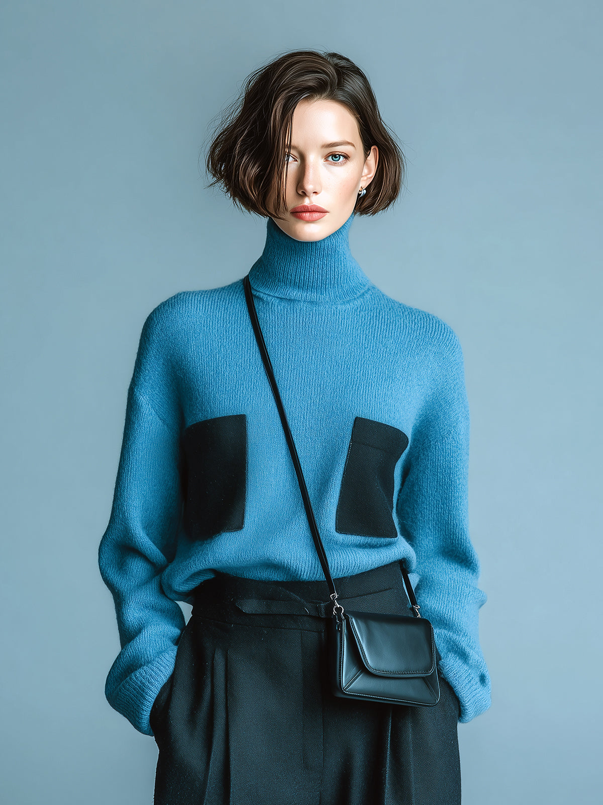 ElevenOra Casual Chic Lake Blue Turtleneck Color-Block Patch Pocket Slouchy Long Sleeve Knit Sweater