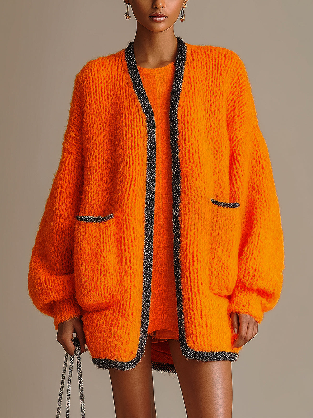 ElevenOra Chic Casual Orange Contrast Trim Patch Pockets Oversized Mid-Length Knit Cardigan
