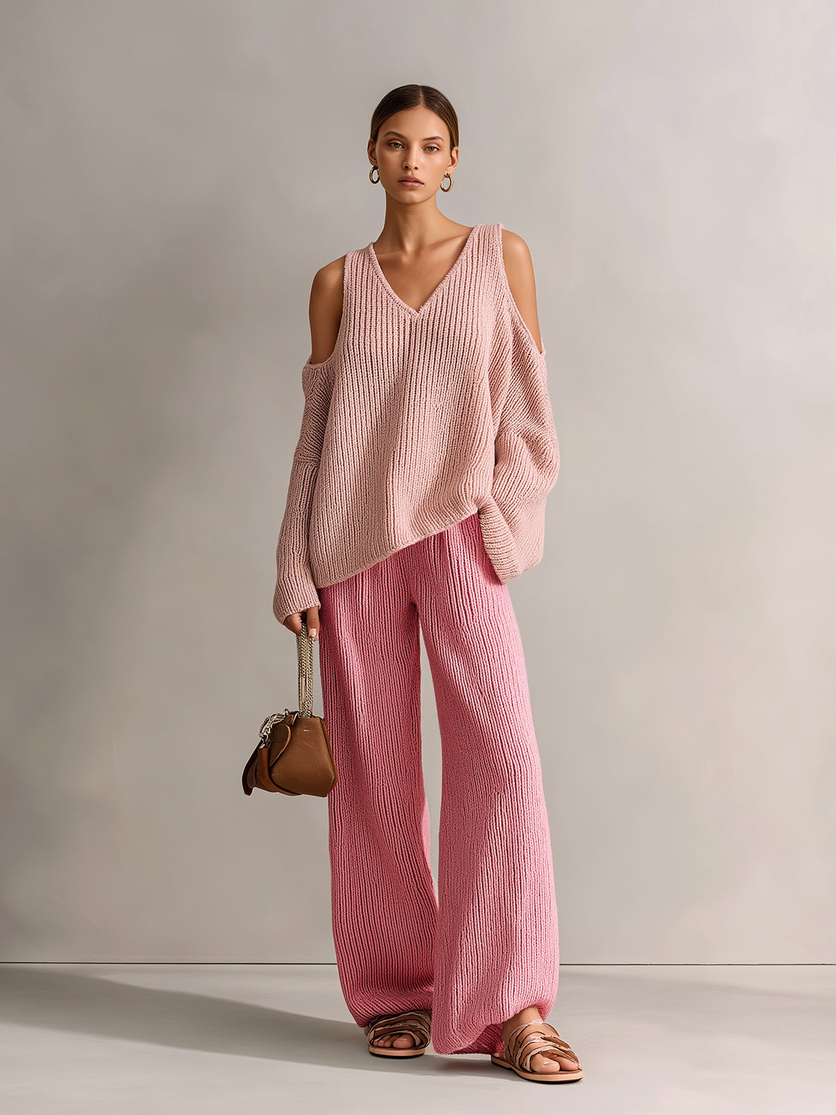 ElevenOra Chic Elegant Pink Colorblock V-Neck Long-Sleeve Cutout Details Loose-Fit Sweater And Wide-Leg Pants Ribbed Knit Two-Piece Set