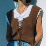 ElevenOra Chic Casual Brown Square Neck Lace-Up Details Loose-Fit Knit Vest