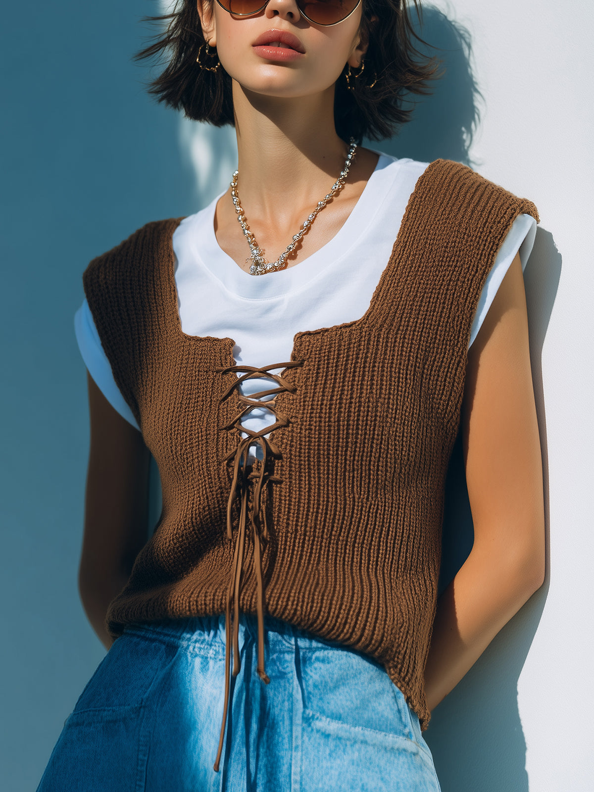 ElevenOra Chic Casual Brown Square Neck Lace-Up Details Loose-Fit Knit Vest