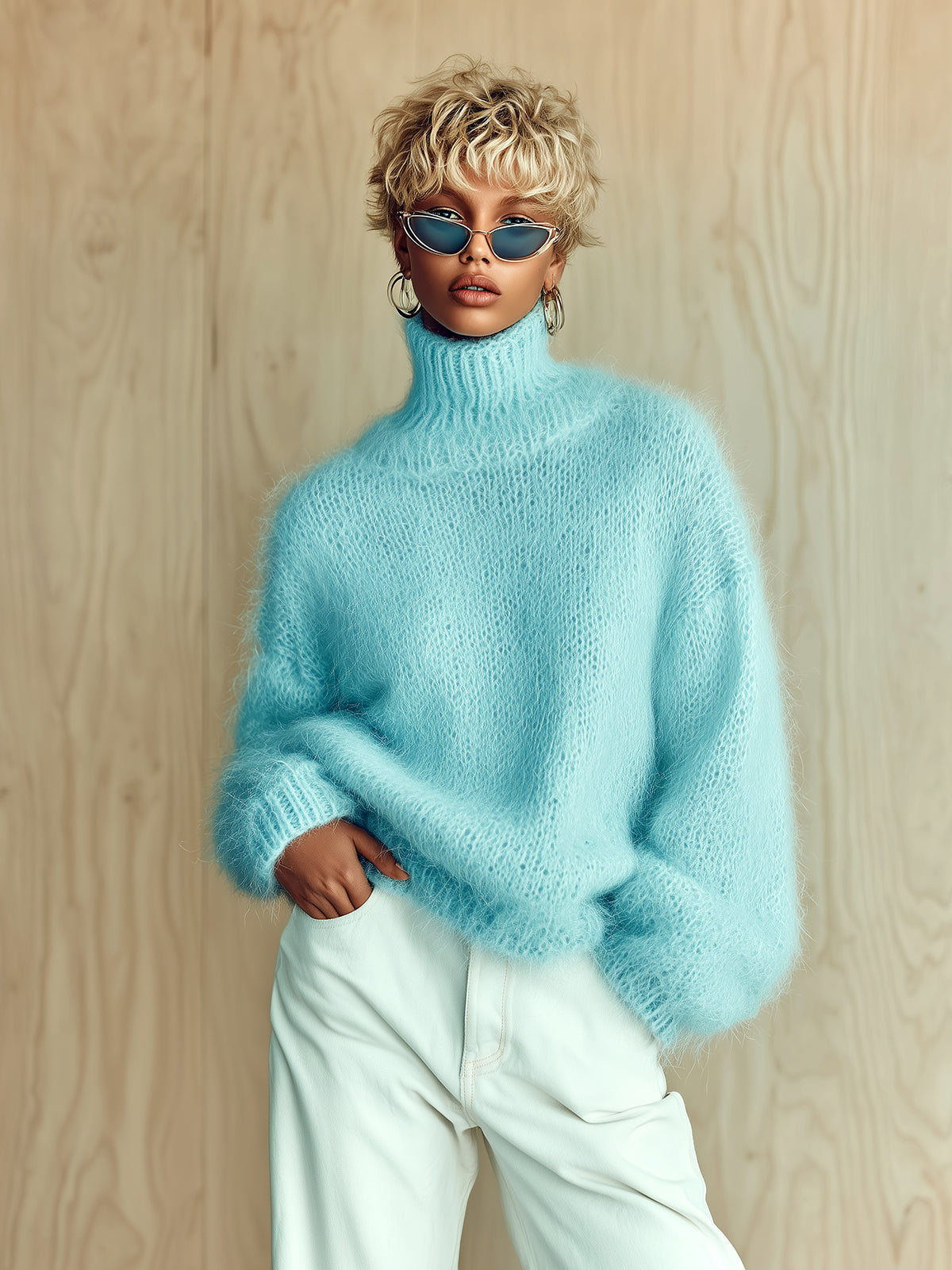 ElevenOra Chic Vintage Baby Blue Turtleneck Textured Knit Fuzzy Slouchy Sweater