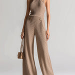 ElevenOra Chic Elegant Camel Mock-Neck Strappy Sleeveless Tailored-Waist Wide-Leg Ribbed Knit Jumpsuit